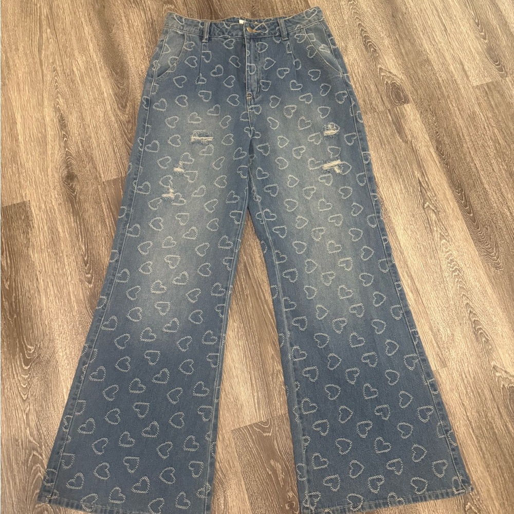 Easel Blue Heart-Patterned Wide Leg Jeans